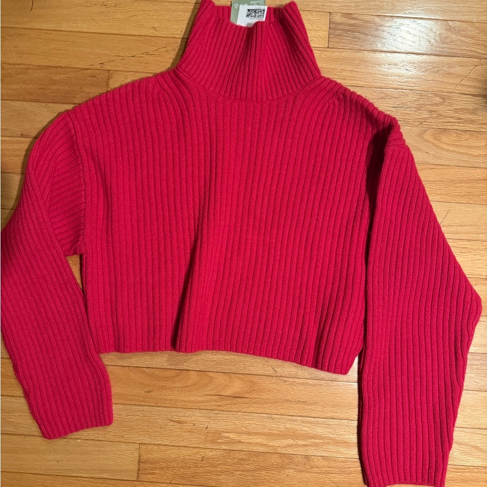 H&M S Cropped Red Pink Ribbed Turtleneck Sweater
